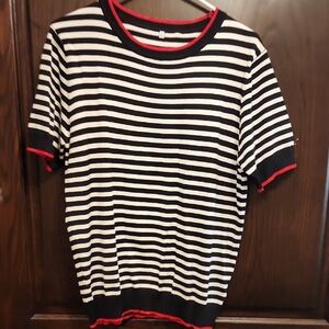 Black and White Striped Short Sleeve Top with Red Accents